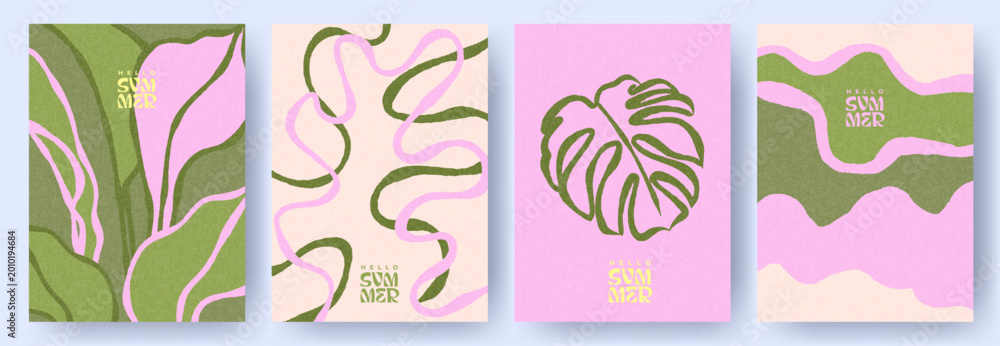 Obraz premium Abstract summer tropical covers with botanical leaves and organic shapes in pink and green. Design templates for posters, branding, social media, packaging, labels, and seasonal campaigns.
