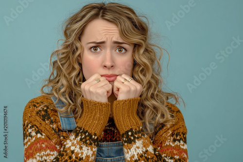 Anxious Face Expression: Capturing the intense focus, nervousness, and trepidation in a person's face expression. Capturing the person's unique curly hair, clothing style and face expression.