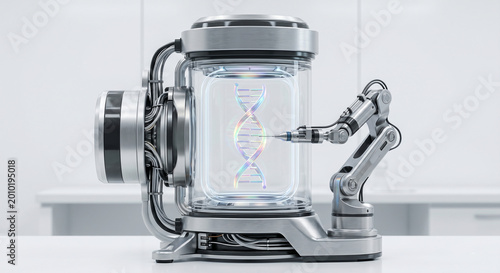 Gene editing chamber with double helix dna hologram and robotic needle performing precise manipulation.