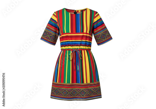 Vibrant multicolored african print dress with striped pattern isolated on transparent background