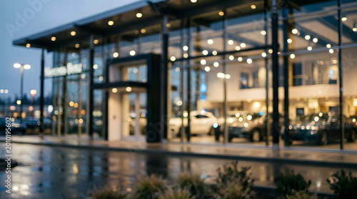 Defocused car dealership facade with soft bokeh reflections