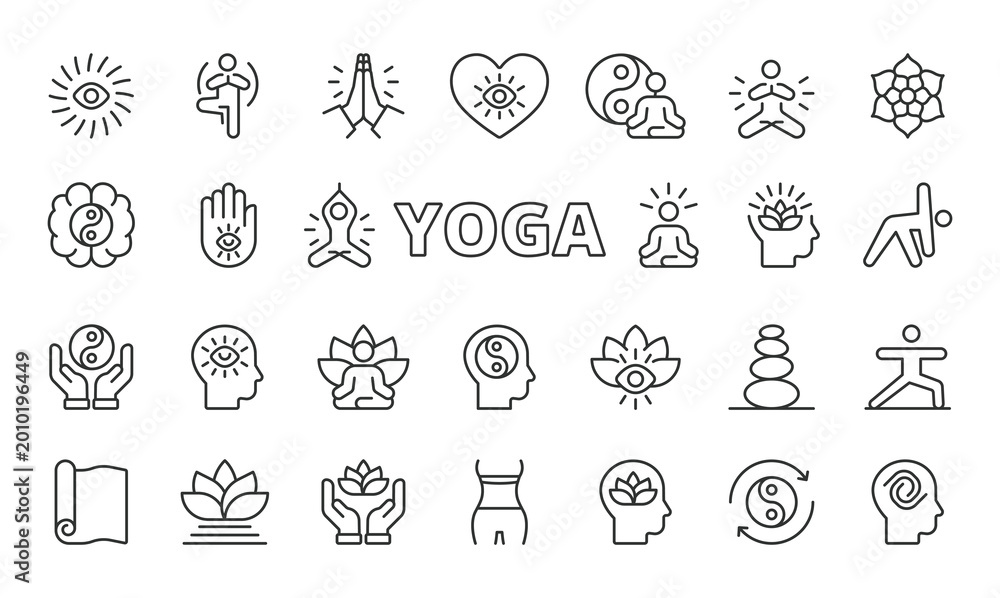 Fototapeta premium Yoga icons in line design. yoga, meditation, fitness, pose, balance, health, wellness on white background vector. Yoga editable stroke icons