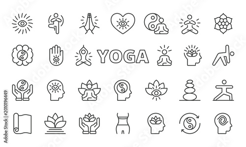 Yoga icons in line design. yoga, meditation, fitness, pose, balance, health, wellness on white background vector. Yoga editable stroke icons