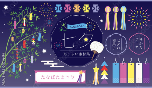 Cuadro en lienzo 七夕・花火の和風あしらいフレーム素材セット