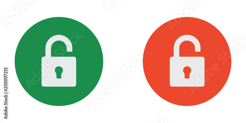 Quadro su tela Green and red circle icons with white padlock symbols unlocked padlock symbol in green and red