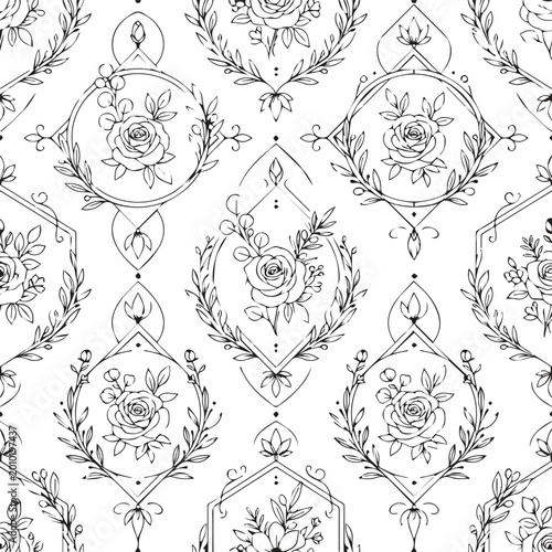 Delicate rose wreath pattern with black and white line art seamless