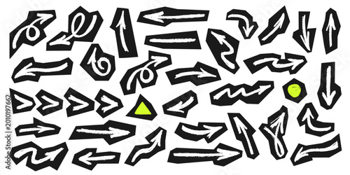 Hand-drawn white arrows with chalk, marker, brush in various shapes: straight, curved, wavy, looped. Vector illustration of stickers roughly cut from black paper with scissors for design accents.
