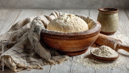 Rustic Wooden Bowl Filled With Freshly Made Bread Dough on a Weathered Table.