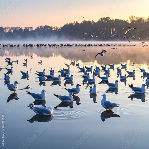 Dozens of seabirds float on a misty lake reflecting a colorful sunrise with a forest backdrop. Some birds are flying