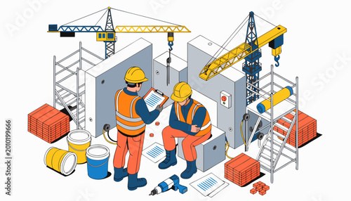 Construction site meeting with female engineer using laptop blueprints, discussing plans with worker from back view.