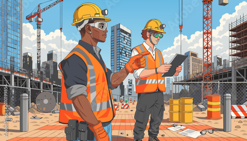 Foto Civil engineer with laptop displaying digital blueprints, talking with worker during outdoor construction site meeting scene