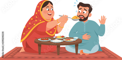 A jovial woman affectionately encourages a reluctant man to eat more during a traditional meal, capturing a humorous moment of hospitality and abundance