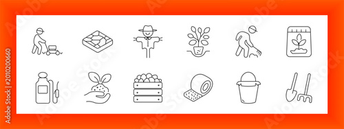 Slika na platnu Gardening and farming line icons set with lawn mowing, seed tray, scarecrow, pot