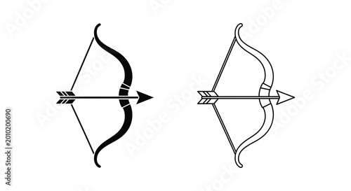 Bow and arrow silhouette with outline version isolated on white background