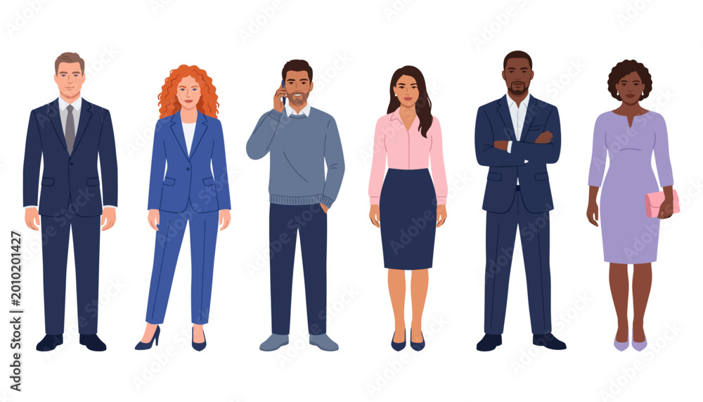 Obraz premium Diverse business team members wearing professional office attire | Group of multinational cartoon employees standing | Flat style vector illustration