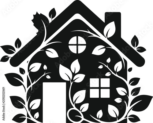 Canvas-taulu Eco friendly house silhouette with growing green leaves and vines entwined nature organic design symbol vector illustration