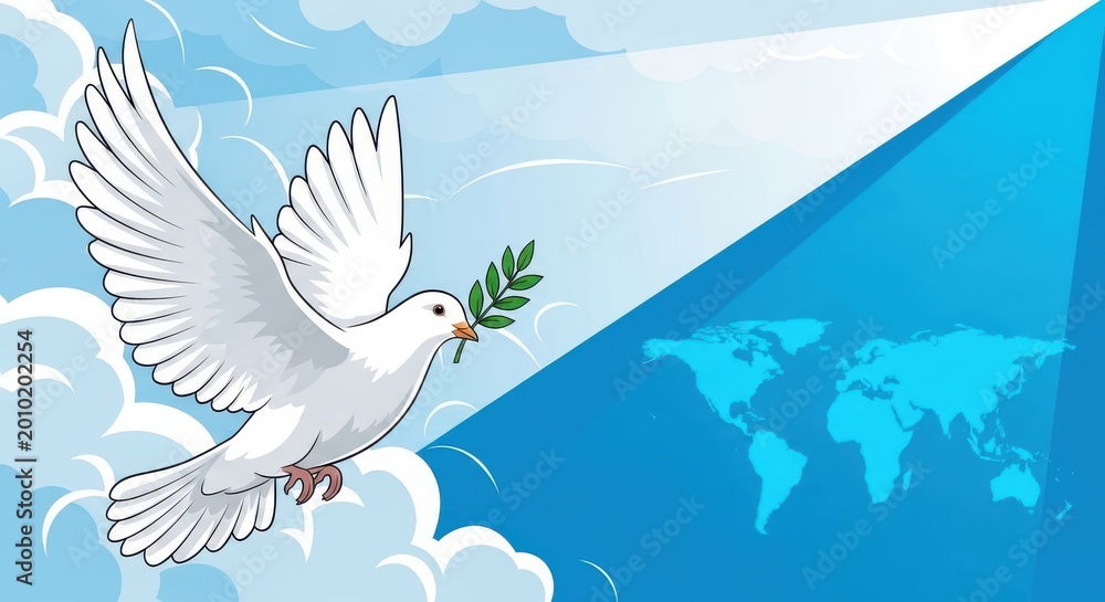 Obraz premium White dove carrying an olive branch over a world map