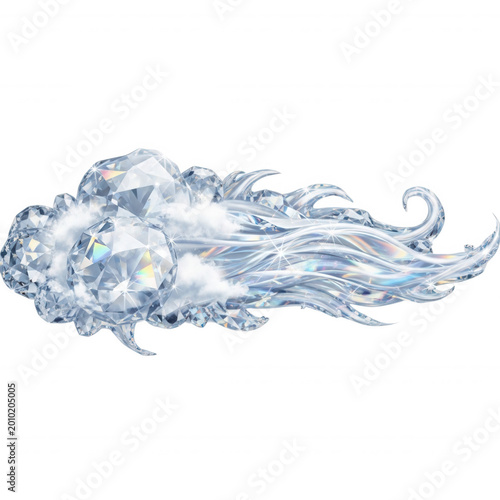 A cluster of faceted diamond spheres and swirling crystalline liquid waves isolated on a solid black background, digital style