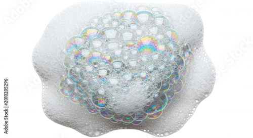 A cluster of white soap bubbles with iridescent rainbow reflections, isolated on a solid black background, top-down view of foam texture