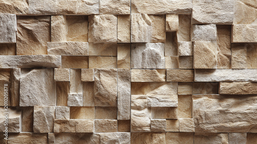 Natural sandstone wall texture, geometric stone cladding background, beige rock mosaic tiles for modern interior design and architectural facade