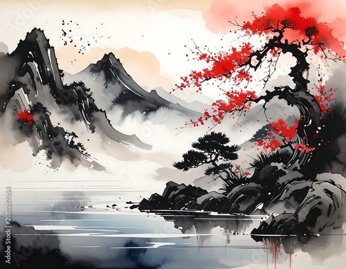 Traditional Japanese Ink Wash Painting Of A Gnarled Red Maple Tree Overlooking Mist Covered Mountains And A Calm Lake At Sunrise In Sumi E Style