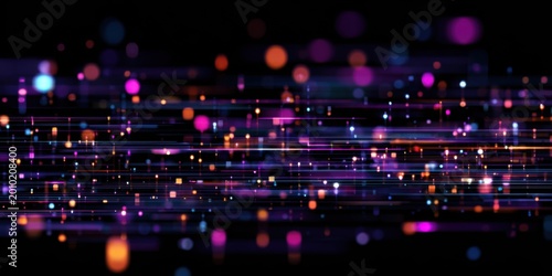 Abstract Digital Light Streaks and Bokeh Effect on Dark Background.