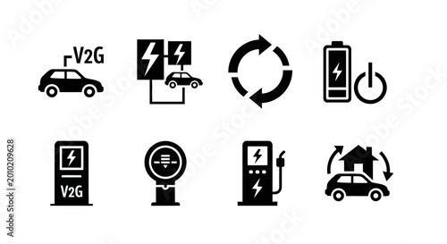 Electric Vehicle V2G Charging Icons: Battery, Station, Grid, Home Power