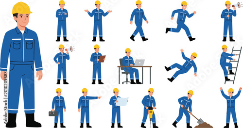 Construction Worker Character Set with Multiple Action Poses Including Walking, Working, Falling, and Climbing for Labor Design Use