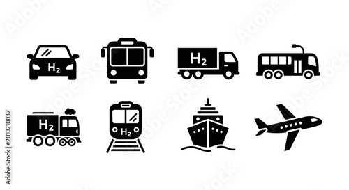 Hydrogen Fuel Transportation Icons: Car, Bus, Truck, Train, Ship, Airplane