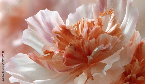 Close-up of a delicate coral and white peony flower in soft focus.