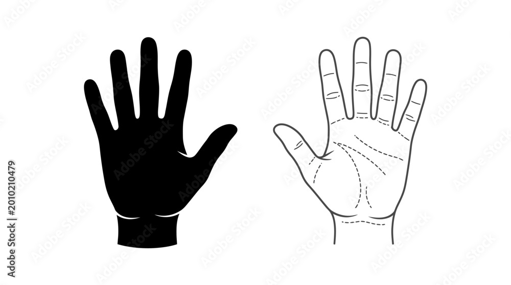 Fototapeta premium Two hands, one black silhouette and one outlined with palm lines