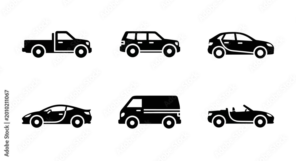 Fototapeta premium Set of 6 different car icons, isolated on white background. Vector illustration.