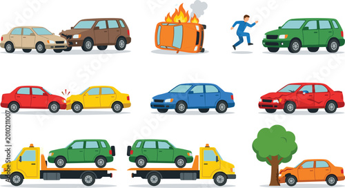 Obraz na płótnie Car Accident Icon Set with Crash, Fire, Tow Truck, and Road Incident Scenes for