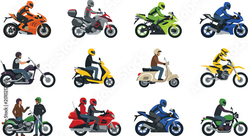 Fotografie Motorcycle Rider Character Set with Sport Bikes, Scooters, Choppers, and Dirt Bi