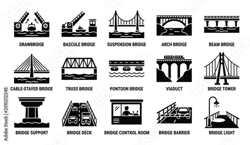 Comprehensive collection of various bridge types and related infrastructure elements presented as black glyph icons