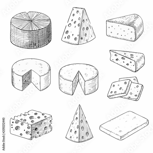 Bild auf Leinwand Hand drawn cheese collection vintage style engraving on white background