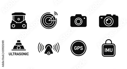 Technology Icons: Sensor, Camera, GPS, IMU, Radar, Ultrasonic, Alarm