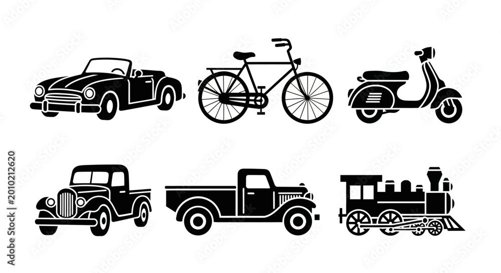 Fototapeta premium Vintage Transportation Icons: Car, Bicycle, Scooter, Truck, and Train Silhouettes