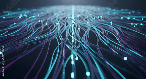 Dynamic abstract representation of digital data flow and network connections in a futuristic technological landscape, symbolizing information exchange and artificial intelligence pathways