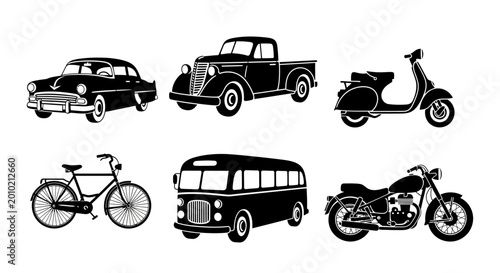 Vintage Vehicle Silhouettes: Car, Truck, Scooter, Bike, Bus, Motorcycle