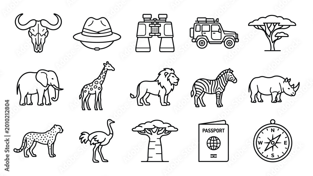 Naklejka premium Collection of black outline safari and wildlife icons, perfect for travel and adventure themes