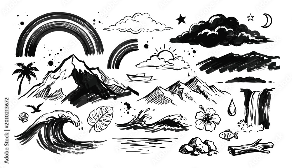 Obraz premium Hand-drawn black and white nature elements including mountains, waves, clouds, and a palm tree
