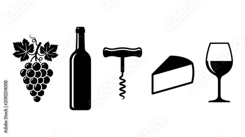 Bild auf Leinwand Set of icons representing wine, cheese, grapes, and a corkscrew for food and bev