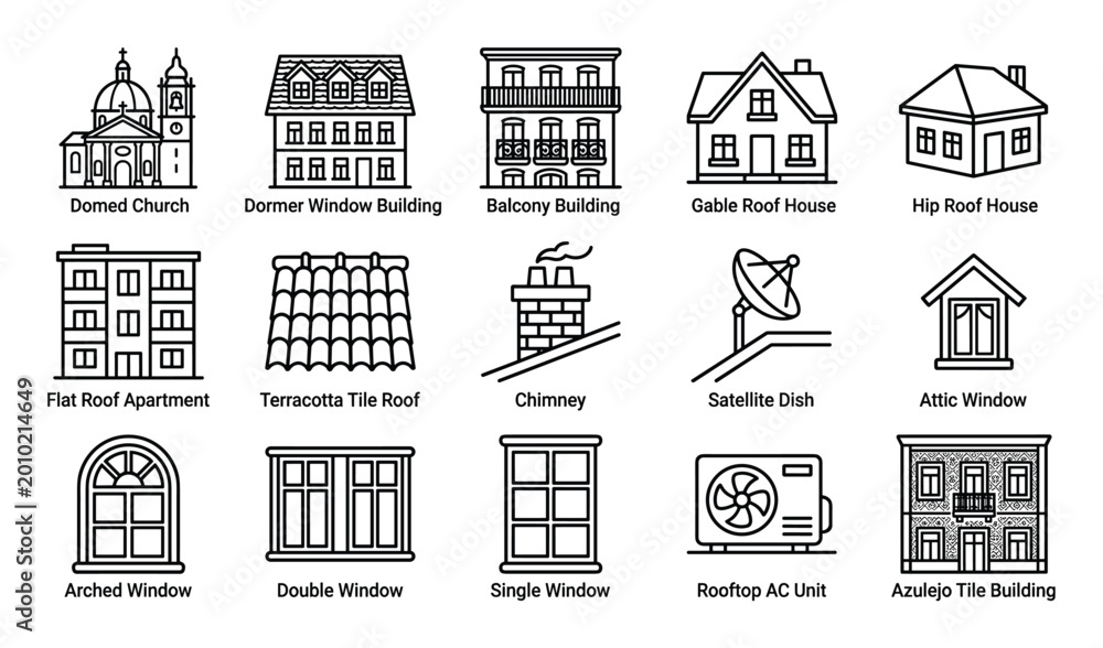 Obraz premium Collection of various building and architectural element line icons
