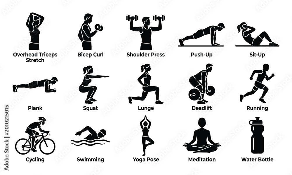 Fototapeta premium Comprehensive set of black silhouette fitness icons illustrating various exercises and healthy lifestyle activities