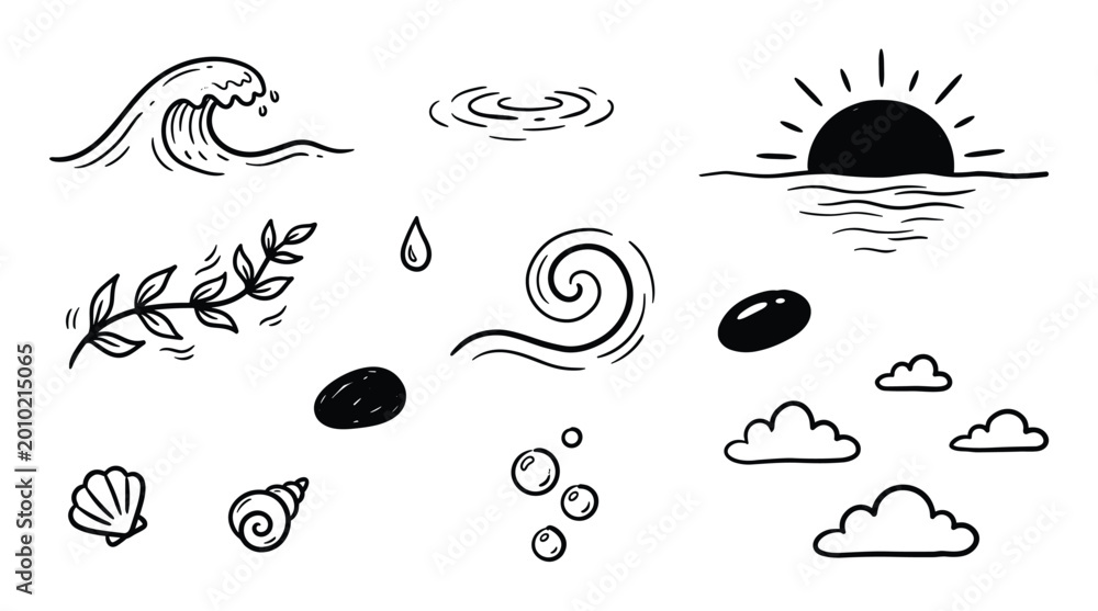 Obraz premium Hand-drawn black and white doodle elements including waves, sun, clouds, and shells
