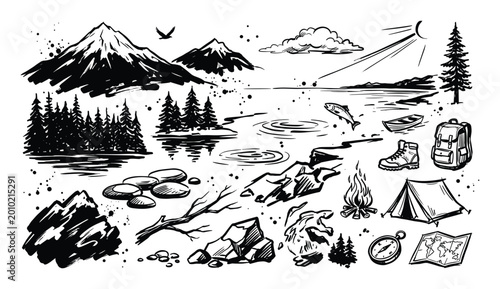 Hand-drawn black and white sketch collection of various outdoor adventure and camping elements