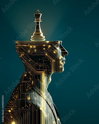 Abstract conceptual 3D render of businessman mind and chess strategy