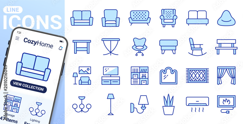 Fototapeta premium Living room furniture line icons set. Sofa, leather armchair, fireplace, bookshelf, curtains, TV stand, rug flat minimal vector illustration. Simple outline signs. Blue duotone color, Editable Stroke.