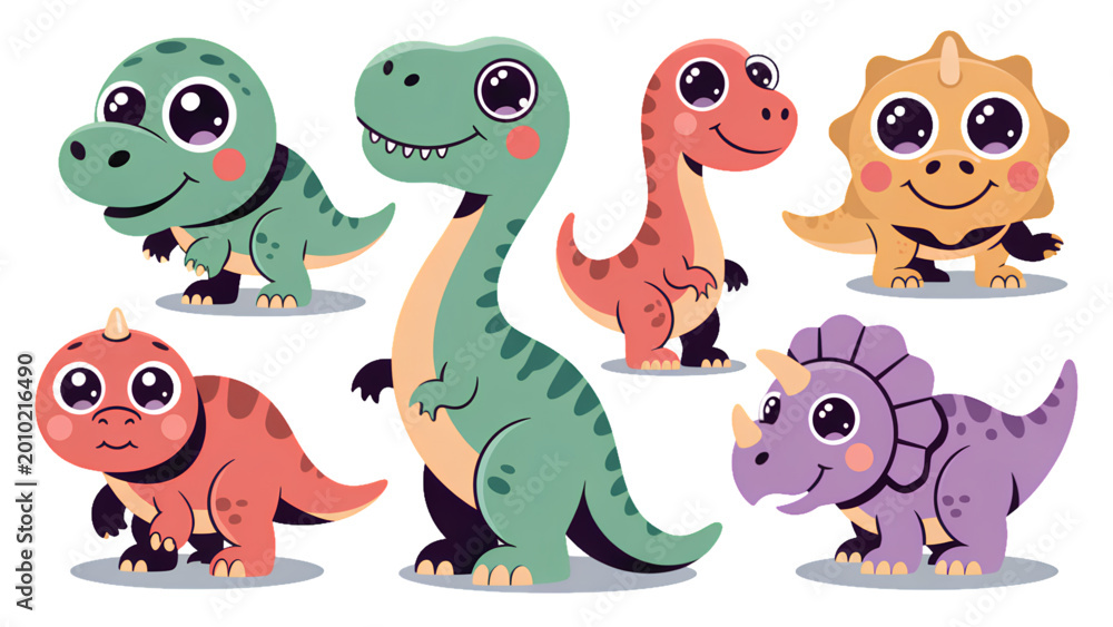 Naklejka premium Colorful cartoon dinosaurs playing together in a cheerful group